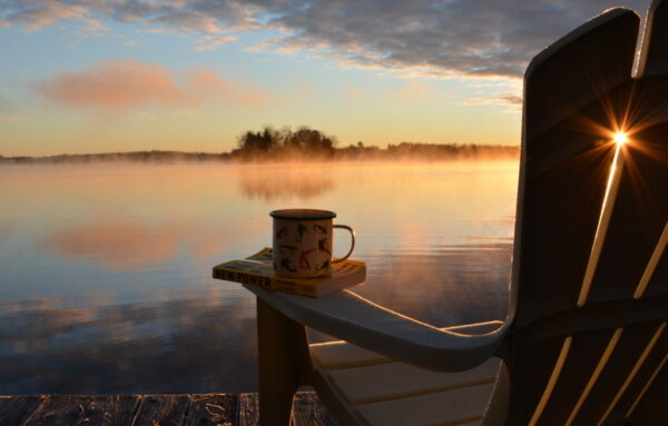 Picture of a beach chair beside a lake, with a coffee mug.